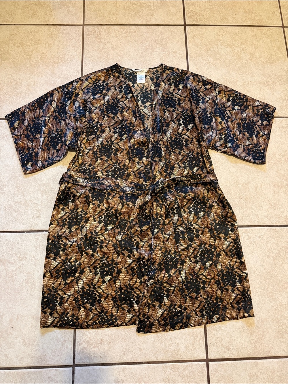 Secret Treasures Brown and Black Lace-Print Satin Robe